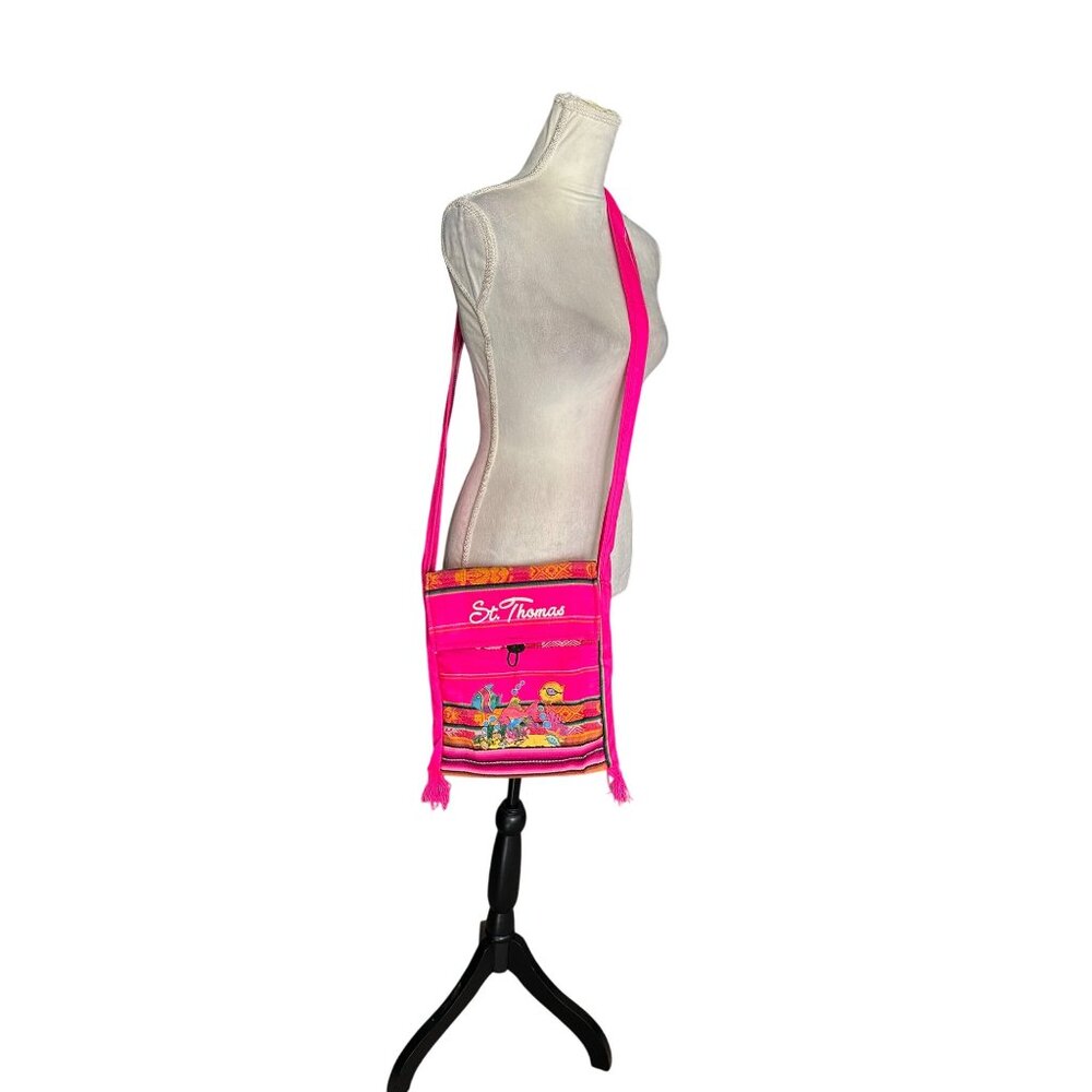 St. Thomas Pink Woven Crossbody Bag Embroidered Fish Design & Fringe Accents